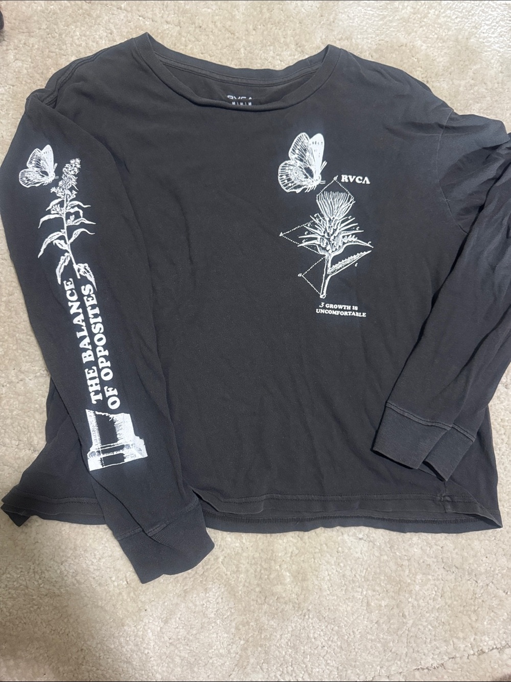RVCA Black Long Sleeve Graphic Tee with White Botanical Prints